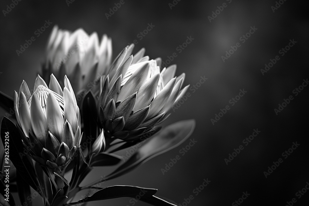 Black and white photo of Proteas. Beautiful monochrome wildlife nature photo of flowers. Black and white photo of Proteas. Beautiful monochrome wildlife nature photo of flowers.