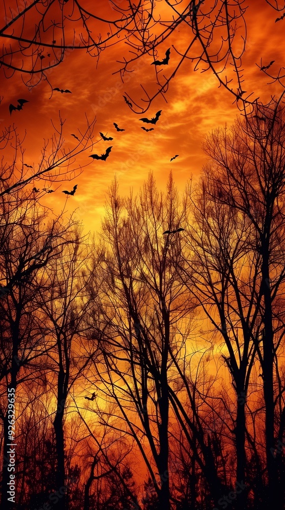 Halloween Night with Bats and Bare Trees Against an Orange Sky Halloween Night with Bats and Bare Trees Against an Orange Sky
