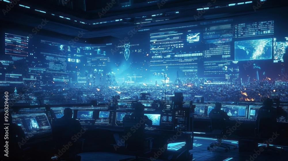 Futuristic Military Command Center with Holographic Displays Futuristic Military Command Center with Holographic Displays
