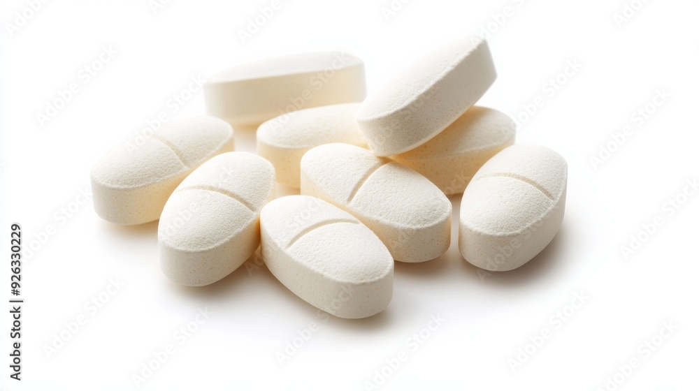 White tablets piled on a white background