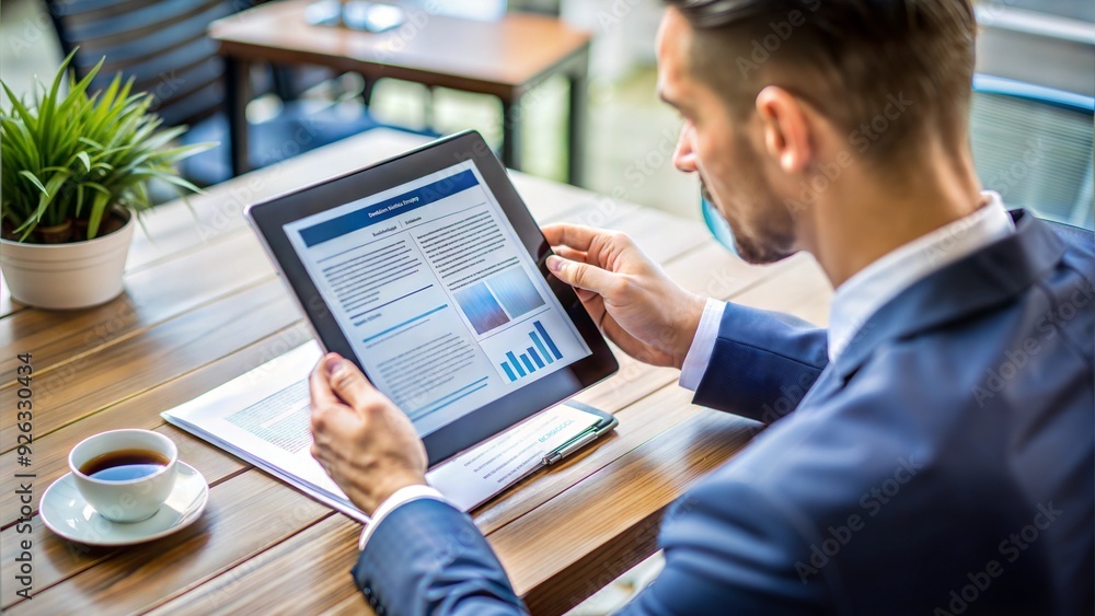 A businessperson reading a tablet at a desk in an office setting A businessperson reading a tablet at a desk in an office setting