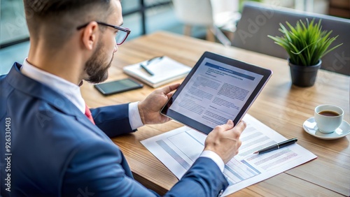 A businessperson reading a tablet at a desk in an office setting