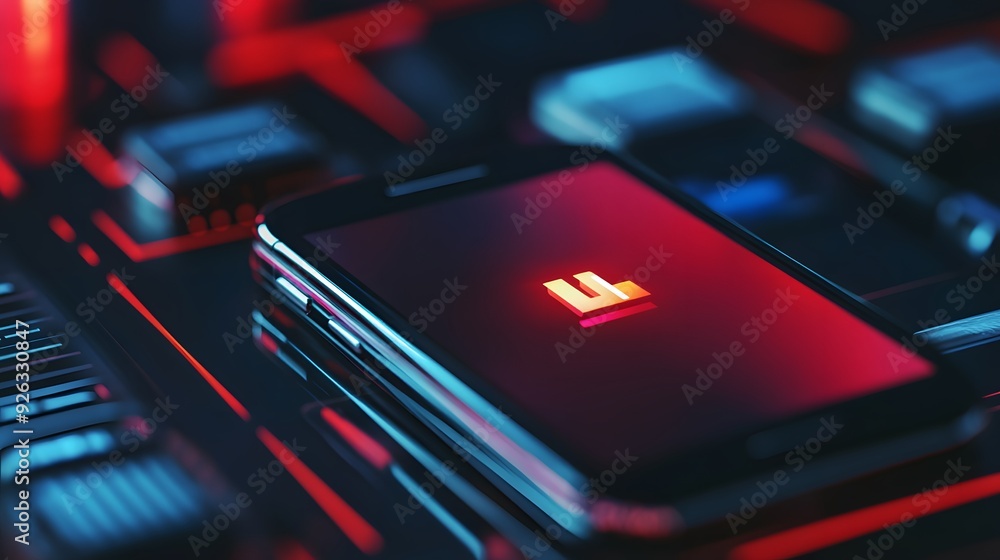 A phone is charging with a cord plugged into it. The phone is lit up with a red glow A phone is charging with a cord plugged into it. The phone is lit up with a red glow