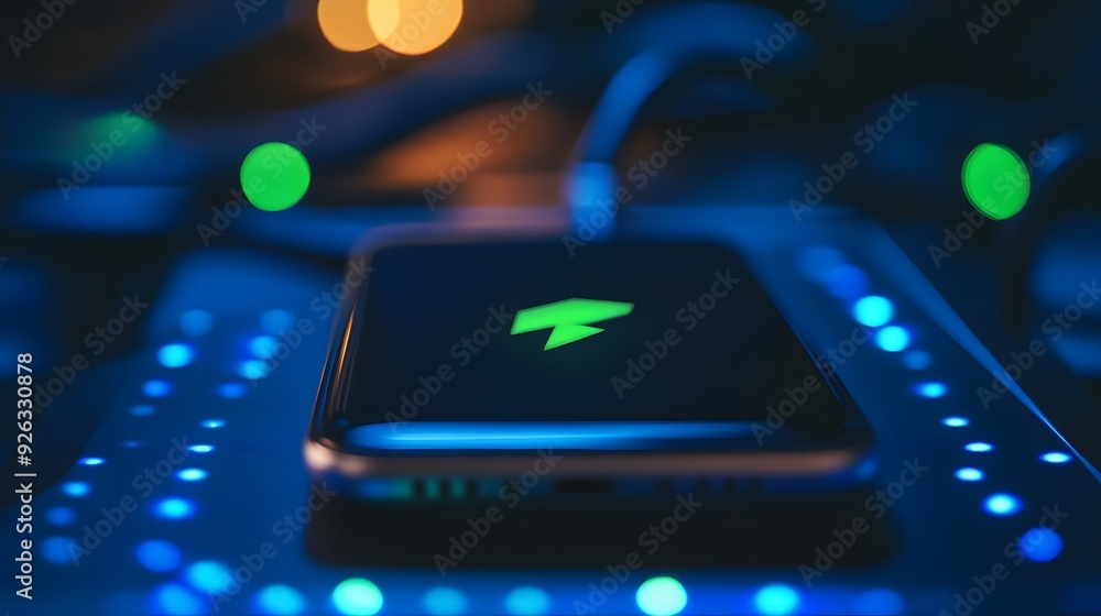Fototapeta premium A phone is charging with a cord plugged into it. The phone is lit up with a red glow