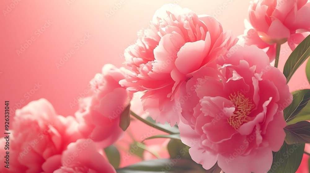 A close-up shot of soft, pink peonies with blurred green leaves in the background. The flowers are in bloom and the petals are delicate and soft. The overall tone of the image is soft and romantic. A close-up shot of soft, pink peonies with blurred green leaves in the background. The flowers are in bloom and the petals are delicate and soft. The overall tone of the image is soft and romantic.