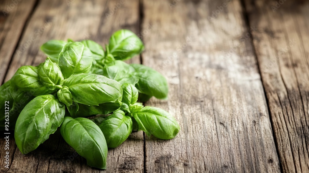 Fresh Basil Leaves on Rustic Wooden Background - Organic Aromatics and Culinary Herbs Concept Fresh Basil Leaves on Rustic Wooden Background - Organic Aromatics and Culinary Herbs Concept