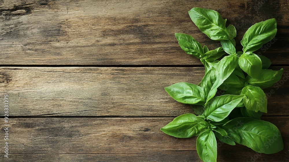 Fresh Basil Leaves on Rustic Old Wooden Background - Herbal Ingredient for Cooking and Food Preparation Fresh Basil Leaves on Rustic Old Wooden Background - Herbal Ingredient for Cooking and Food Preparation