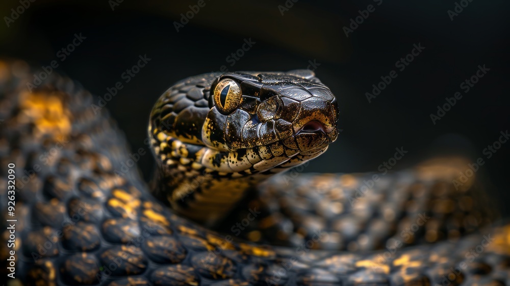 Obraz premium Venomous Snake Coiled, Showcasing Fangs and Intense Eyes Ready to Strike