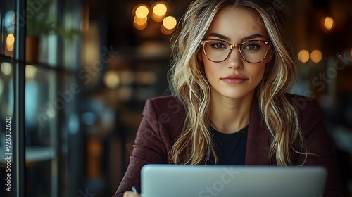 Blonde woman in glasses with serious expression looking at camera, using a tablet in a cafe.