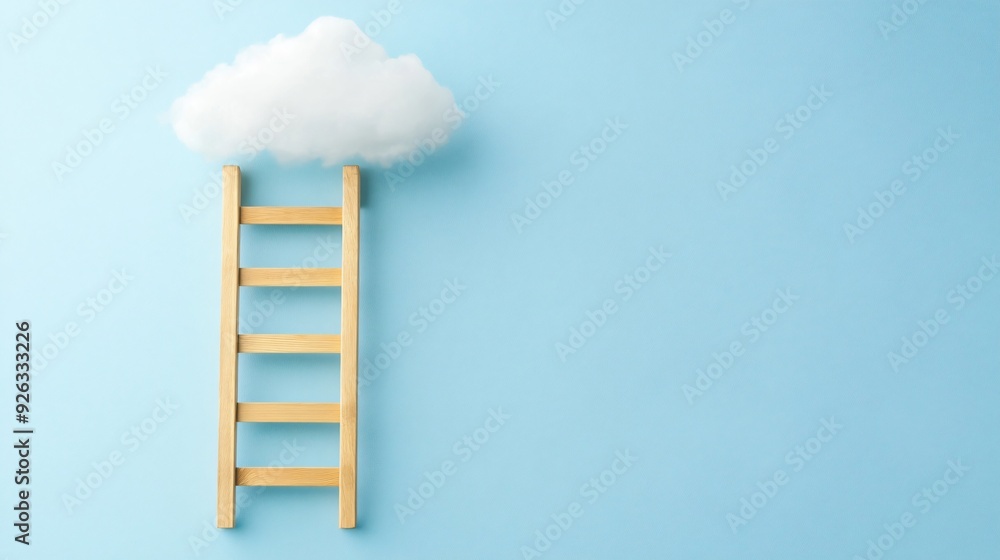 Serene Wooden Ladder with Cloud on Light Blue Background Serene Wooden Ladder with Cloud on Light Blue Background