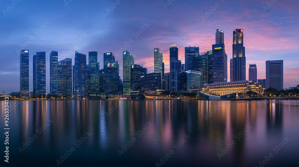 Singapore cityscape at dusk featuring the landscape of business buildings around Marina Bay Modern highrise buildings in the business district area during twilight Singapore cityscape at dusk featuring the landscape of business buildings around Marina Bay Modern highrise buildings in the business district area during twilight