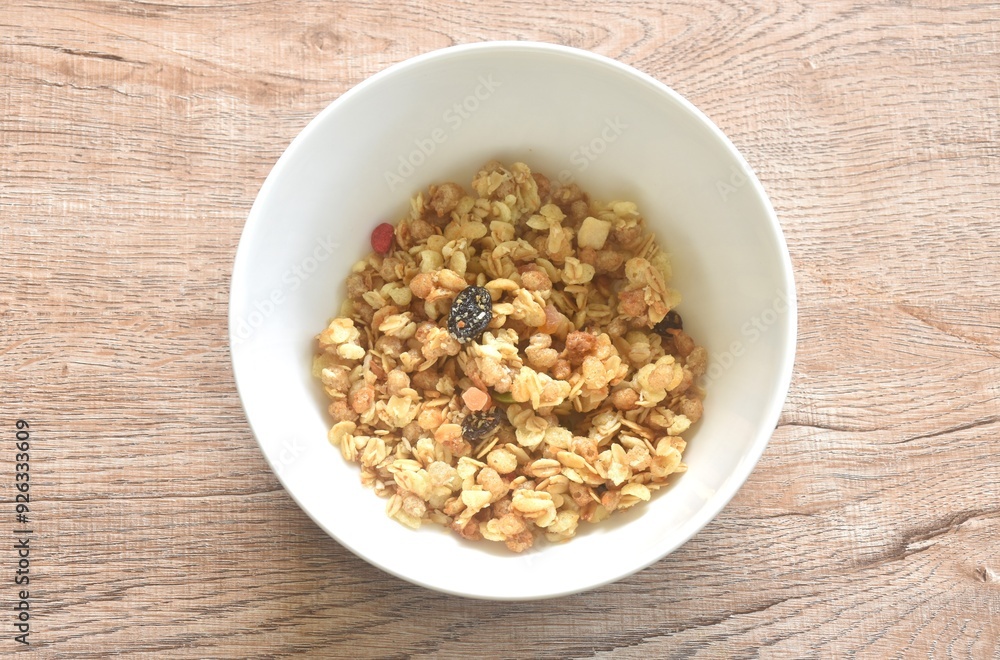 fruit granola dry cereal breakfast eat with fresh milk on bowl fruit granola dry cereal breakfast eat with fresh milk on bowl