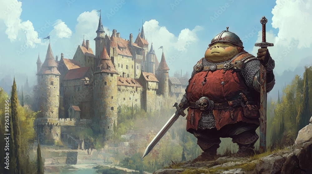 Naklejka premium A chubby monster knight wielding a tiny sword, standing proudly in front of a medieval castle with a moat