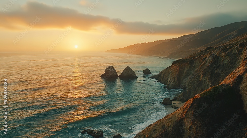 A breathtaking view featuring rugged cliffs along the coastline A breathtaking view featuring rugged cliffs along the coastline