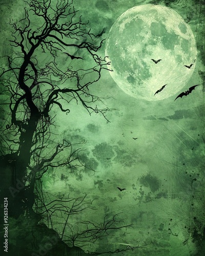halloween background with moon, bats and trees