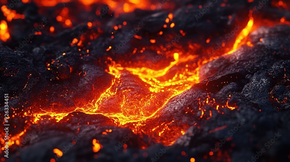 An intense close-up view of molten lava moving through rough terrain An intense close-up view of molten lava moving through rough terrain