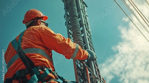 Skilled Worker Performing Maintenance on High Voltage Tower Construction