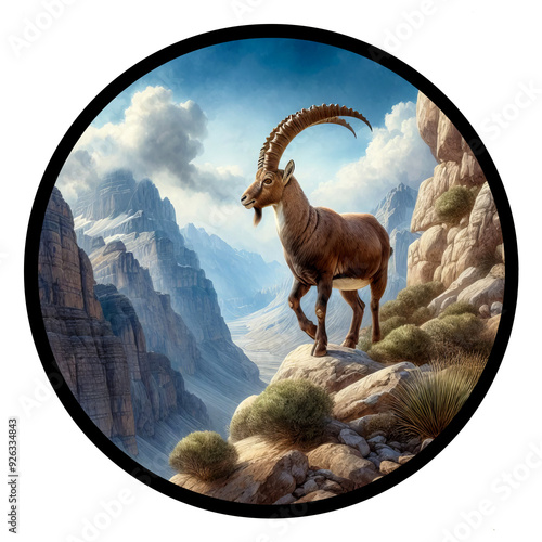 A circular 3D rendered watercolor painting of an Ibex, isolated on a transparent background