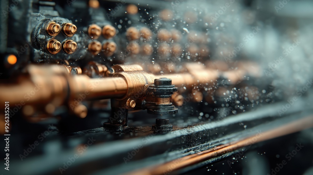 A detailed close-up of industrial pipes covered in steam and water droplets, showcasing intricate mechanical elements and textures with a focus on engineering and industry. A detailed close-up of industrial pipes covered in steam and water droplets, showcasing intricate mechanical elements and textures with a focus on engineering and industry.