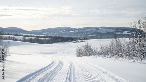 Country road through the snow-covered fields, rural area