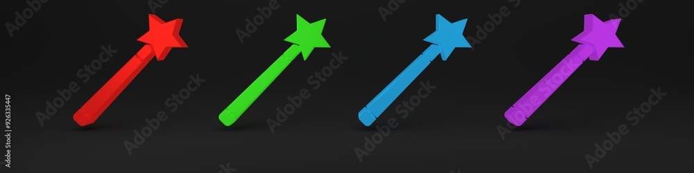 Colorful Magic wand icon isolated on black background. Star shape magic accessory. Magical power. Minimalism concept. 3D render illustration Colorful Magic wand icon isolated on black background. Star shape magic accessory. Magical power. Minimalism concept. 3D render illustration