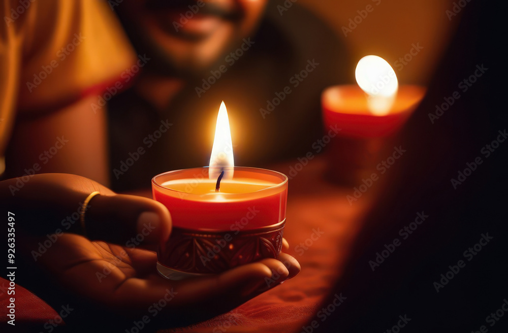 Man and woman are celebrating a Happy Diwali day at home. Diwali holiday home decorations. Woman hands and candle isolated. Clay Diya lamps lit during Dipavali, Hindu festival of lights celebration. Man and woman are celebrating a Happy Diwali day at home. Diwali holiday home decorations. Woman hands and candle isolated. Clay Diya lamps lit during Dipavali, Hindu festival of lights celebration.