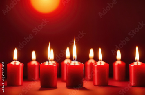 Template with a lot of Indian candles for Diwali holiday, continuous pattern on red background. Selective focus on candles on reflecting surface.