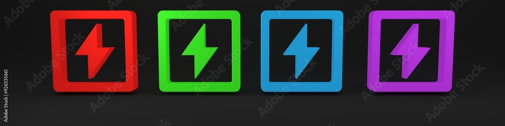 Colorful Lightning bolt icon isolated on black background. Flash sign. Charge flash icon. Thunder bolt. Lighting strike. Minimalism concept. 3D render illustration Colorful Lightning bolt icon isolated on black background. Flash sign. Charge flash icon. Thunder bolt. Lighting strike. Minimalism concept. 3D render illustration