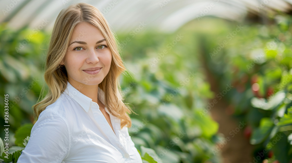 Confident female agronomist evaluates crops in vibrant greenhouse filled with greenery and growth Confident female agronomist evaluates crops in vibrant greenhouse filled with greenery and growth