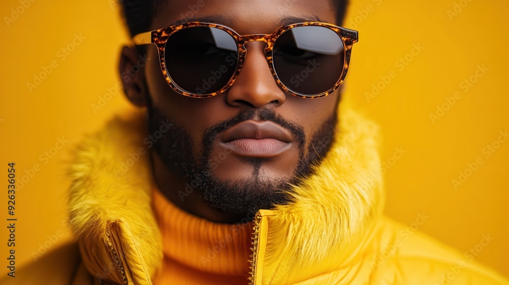 A stylish man wearing a yellow jacket with furry collar and tortoiseshell sunglasses stands against a vibrant yellow background, exuding confidence and flair. A stylish man wearing a yellow jacket with furry collar and tortoiseshell sunglasses stands against a vibrant yellow background, exuding confidence and flair.