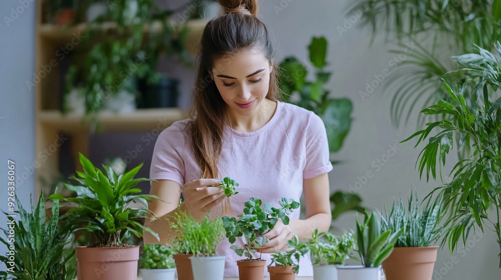 Young Woman Caring for Home Plants at Table Young Woman Caring for Home Plants at Table