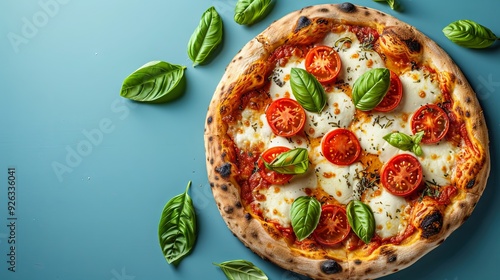 A top-down view of a freshly made vegetarian pizza on a blue background, featuring a delicious combination of tomato, mozzarella, and basil, ready to be enjoyed photo