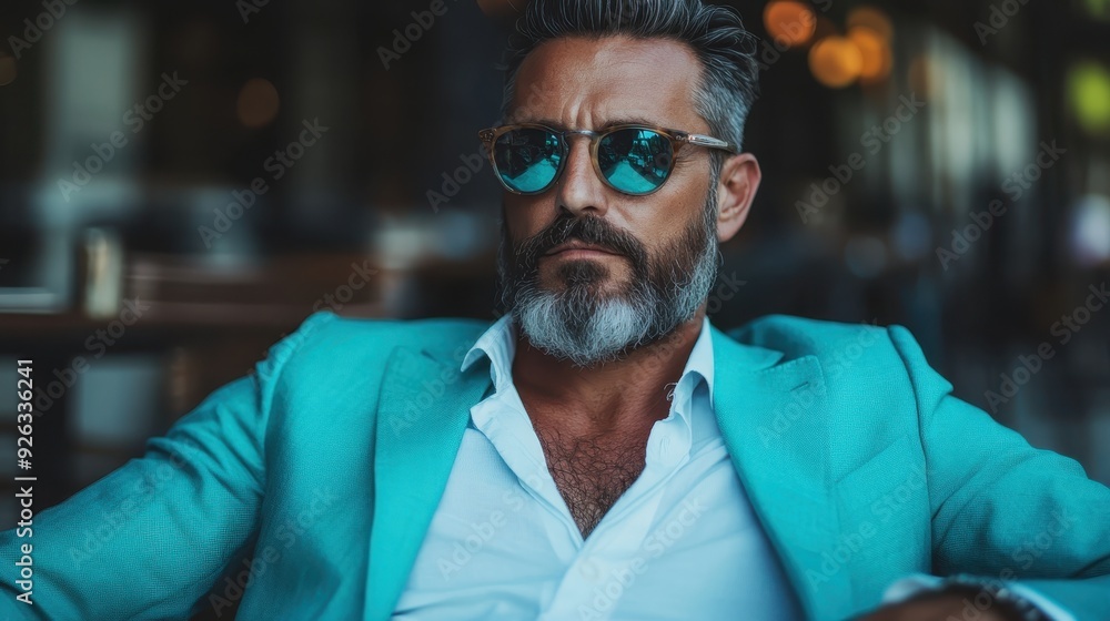A mature man with a gray beard and mustache, wearing reflective sunglasses and a turquoise suit, sits in an outdoor setting with a contemplative and serious demeanor. A mature man with a gray beard and mustache, wearing reflective sunglasses and a turquoise suit, sits in an outdoor setting with a contemplative and serious demeanor.