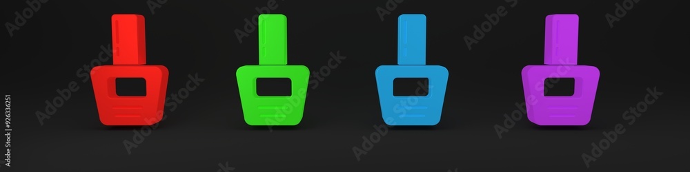 Colorful Nail polish bottle icon isolated on black background. Minimalism concept. 3D render illustration Colorful Nail polish bottle icon isolated on black background. Minimalism concept. 3D render illustration