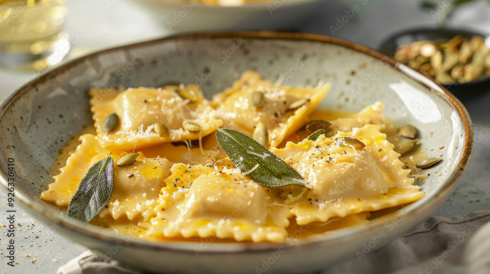 Gourmet Homemade Pumpkin Ravioli in Nutty Brown Butter Sage Sauce, Topped with Toasted Pumpkin Seeds and Fresh Sage Gourmet Homemade Pumpkin Ravioli in Nutty Brown Butter Sage Sauce, Topped with Toasted Pumpkin Seeds and Fresh Sage