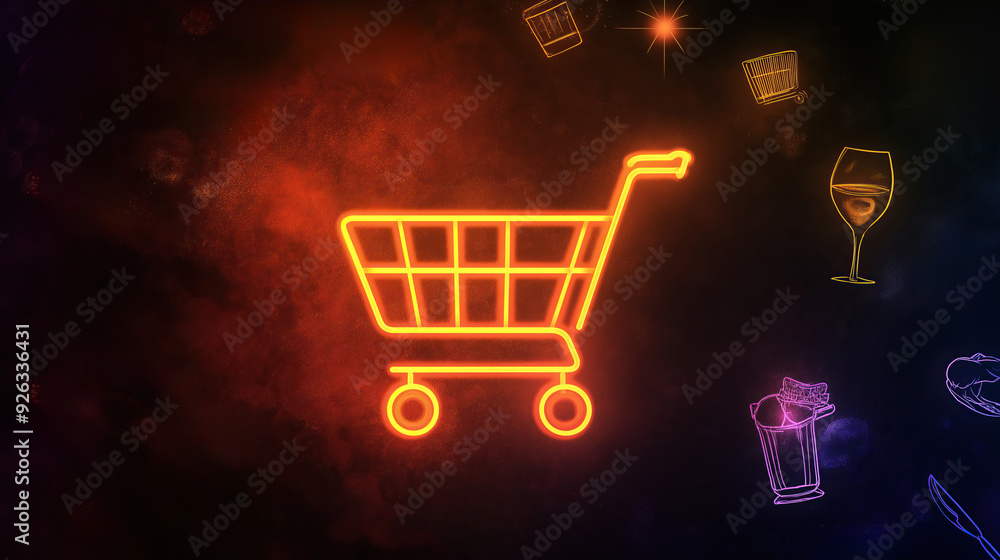 Orange Neon Shopping Cart Icon on Dark Background with Floating Food and Drink Symbols. Modern Illustration Representing Retail and Dining Concepts Orange Neon Shopping Cart Icon on Dark Background with Floating Food and Drink Symbols. Modern Illustration Representing Retail and Dining Concepts