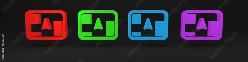 Colorful Gps device with map icon isolated on black background. Minimalism concept. 3D render illustration Colorful Gps device with map icon isolated on black background. Minimalism concept. 3D render illustration