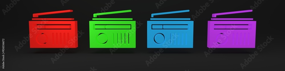 Colorful Radio with antenna icon isolated on black background. Minimalism concept. 3D render illustration Colorful Radio with antenna icon isolated on black background. Minimalism concept. 3D render illustration
