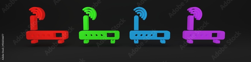 Colorful Router and wi-fi signal icon isolated on black background. Wireless ethernet modem router. Computer technology internet. Minimalism concept. 3D render illustration