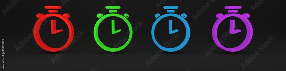 Colorful Stopwatch icon isolated on black background. Time timer sign. Chronometer sign. Minimalism concept. 3D render illustration Colorful Stopwatch icon isolated on black background. Time timer sign. Chronometer sign. Minimalism concept. 3D render illustration