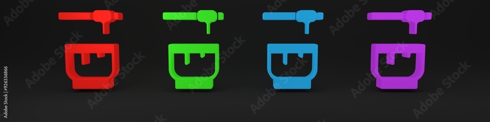 Colorful Honey dipper stick and bowl icon isolated on black background. Honey ladle. Minimalism concept. 3D render illustration Colorful Honey dipper stick and bowl icon isolated on black background. Honey ladle. Minimalism concept. 3D render illustration