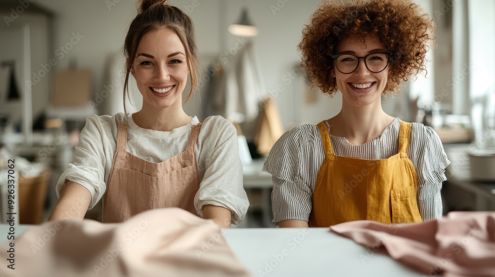 Two cheerful women are smiling warmly, dressed in aprons, standing in a bright and creative studio. Their expressions convey joy and camaraderie, reflecting a productive workspace. Two cheerful women are smiling warmly, dressed in aprons, standing in a bright and creative studio. Their expressions convey joy and camaraderie, reflecting a productive workspace.