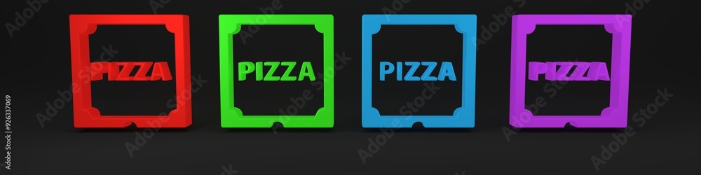 Colorful Pizza in cardboard box icon isolated on black background. Box with layout elements. Minimalism concept. 3D render illustration Colorful Pizza in cardboard box icon isolated on black background. Box with layout elements. Minimalism concept. 3D render illustration