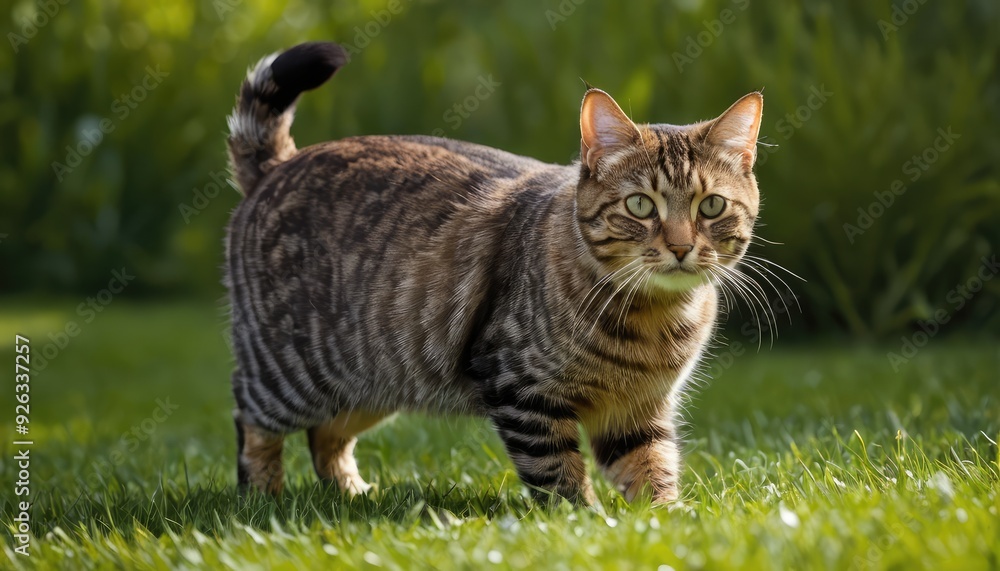 A curious tabby American Bobtail cat with expressive eyes rests on the grass in a garden, surrounded by lush leaves, capturing a moment of calm in a natural environment A curious tabby American Bobtail cat with expressive eyes rests on the grass in a garden, surrounded by lush leaves, capturing a moment of calm in a natural environment