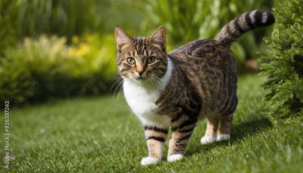 A curious tabby American Bobtail cat with expressive eyes rests on the grass in a garden, surrounded by lush leaves, capturing a moment of calm in a natural environment A curious tabby American Bobtail cat with expressive eyes rests on the grass in a garden, surrounded by lush leaves, capturing a moment of calm in a natural environment