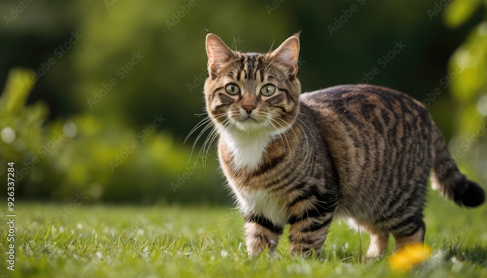 A curious tabby American Bobtail cat with expressive eyes rests on the grass in a garden, surrounded by lush leaves, capturing a moment of calm in a natural environment A curious tabby American Bobtail cat with expressive eyes rests on the grass in a garden, surrounded by lush leaves, capturing a moment of calm in a natural environment