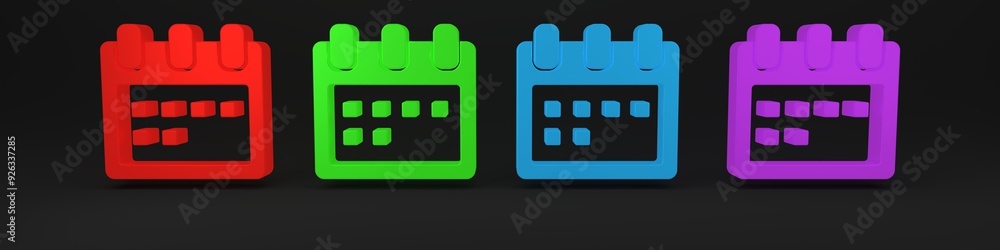 Colorful Calendar icon isolated on black background. Event reminder symbol. Minimalism concept. 3D render illustration Colorful Calendar icon isolated on black background. Event reminder symbol. Minimalism concept. 3D render illustration