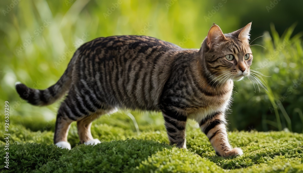 A regal tabby American Bobtail cat poses elegantly in a garden, its fur blending with the greenery around it, showcasing the beauty of nature and feline grace A regal tabby American Bobtail cat poses elegantly in a garden, its fur blending with the greenery around it, showcasing the beauty of nature and feline grace