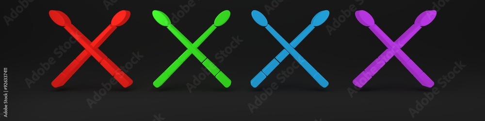 Colorful Drum sticks icon isolated on black background. Musical instrument. Minimalism concept. 3D render illustration Colorful Drum sticks icon isolated on black background. Musical instrument. Minimalism concept. 3D render illustration