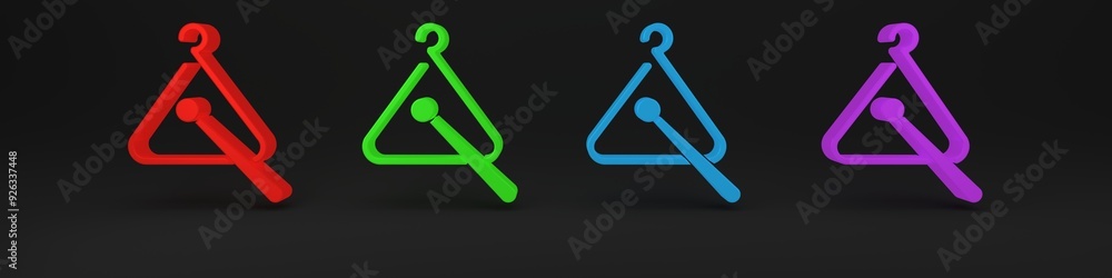 Colorful Triangle musical instrument icon isolated on black background. Minimalism concept. 3D render illustration Colorful Triangle musical instrument icon isolated on black background. Minimalism concept. 3D render illustration